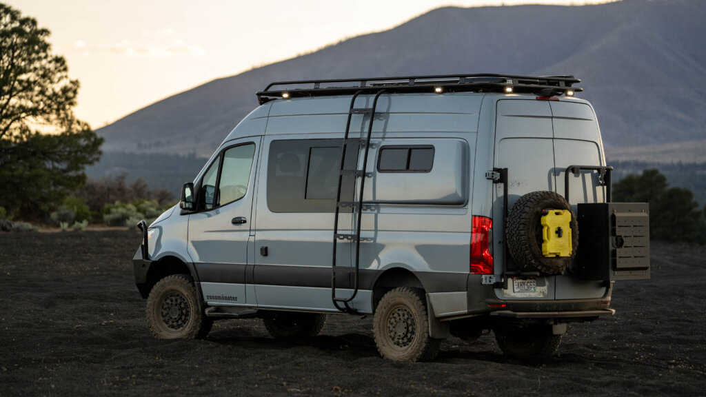 Side view of a Sprinter van featuring Aluminess products.