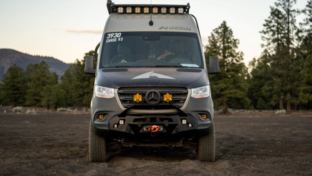 Sprinter van featuring Aluminess Baja Front Bumper.