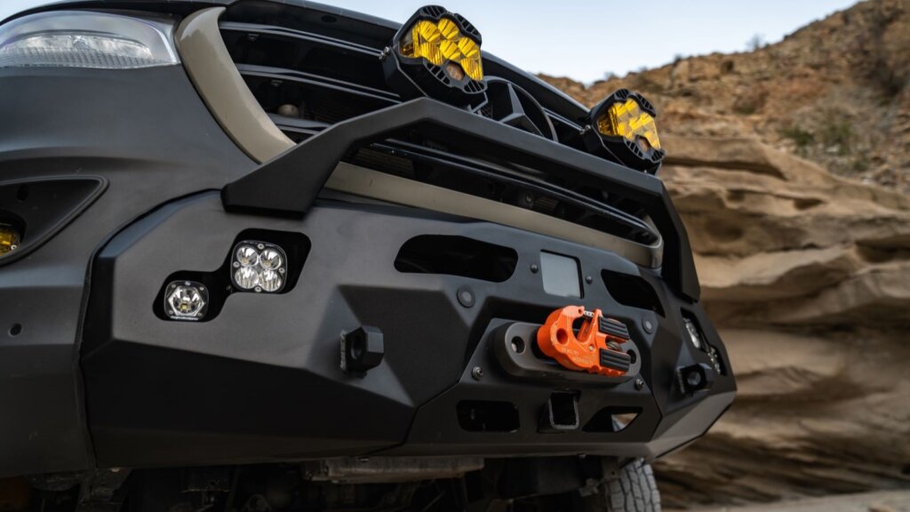 Sprinter van featuring winch compatible bumper.